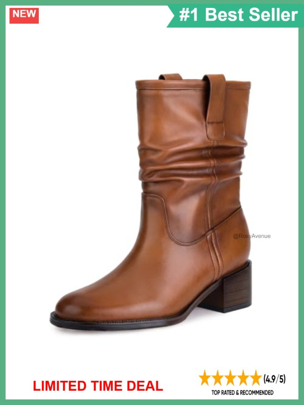 Faux Leather Slouchy Mid Calf Western Boots Block Heel Pull On